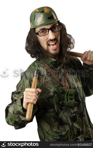 Funny soldier with nunchaku