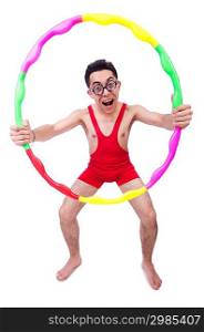 Funny sportsman with hula hoop on white
