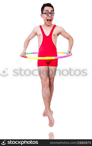 Funny sportsman with hula hoop on white