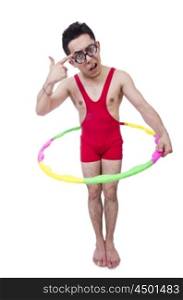 Funny sportsman with hula hoop on white
