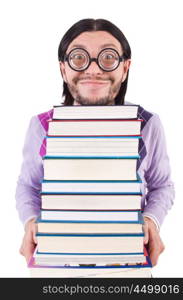 Funny student with books isolated on white