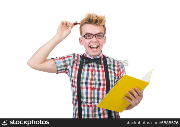 Funny student with books isolated on white