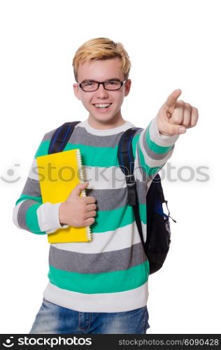 Funny student with books isolated on white