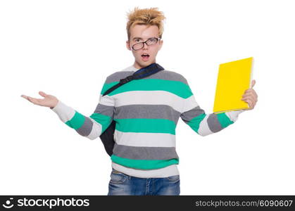 Funny student with books isolated on white