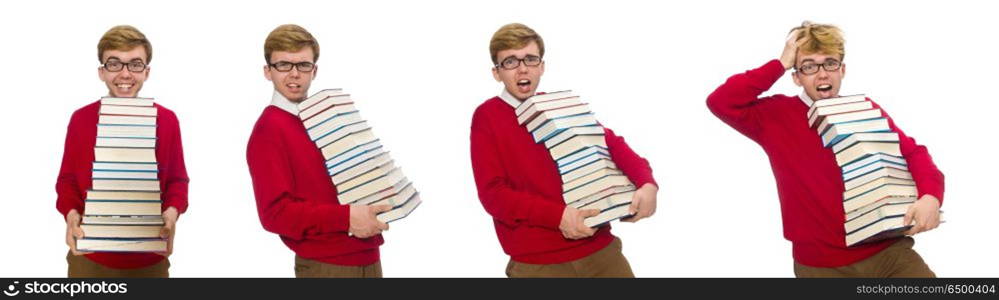 Funny student with books isolated on white