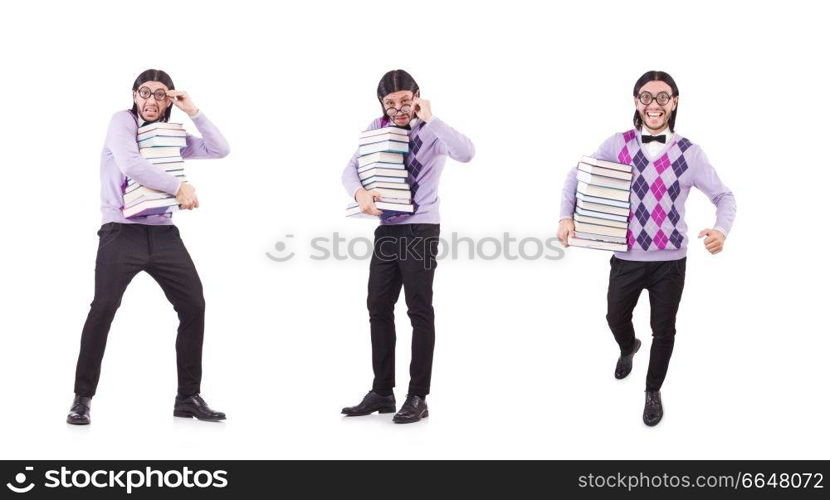 Funny student with books isolated on white