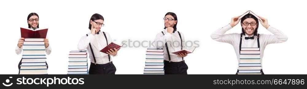 Funny student with books isolated on white. The funny student with books isolated on white