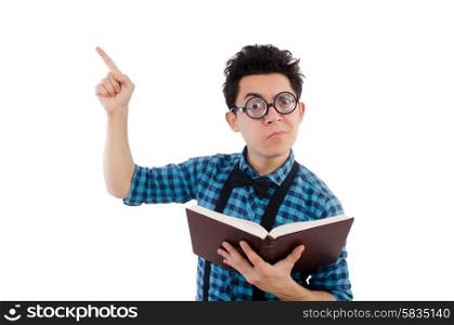 Funny student with books on white