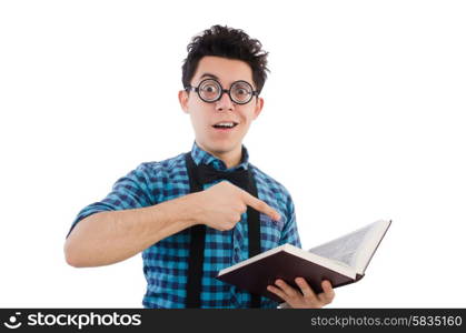 Funny student with books on white