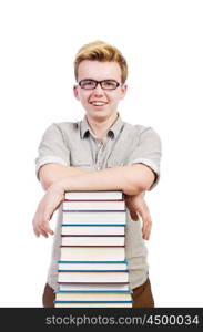 Funny student with stack of books