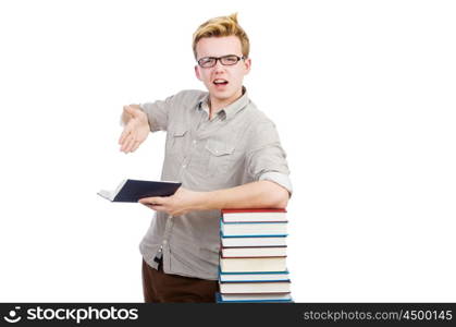 Funny student with stack of books