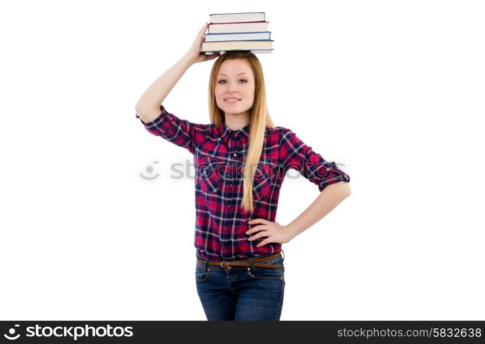 Funny student with stack of books