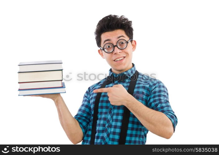 Funny student with stack of books