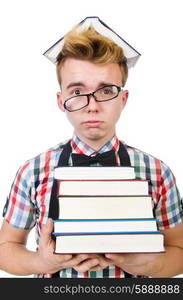 Funny student with stack of books