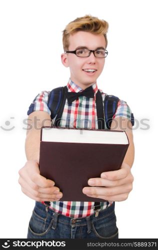 Funny student with stack of books