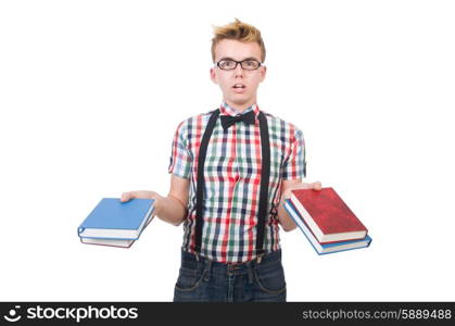 Funny student with stack of books