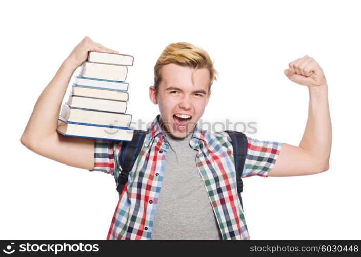 Funny student with stack of books