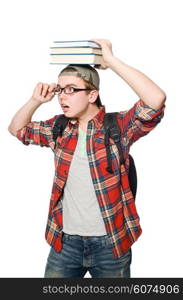 Funny student with stack of books