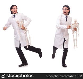 Funny teacher with skeleton isolated on white