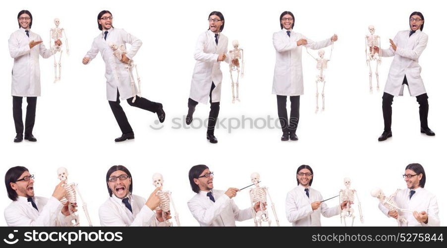 Funny teacher with skeleton isolated on white