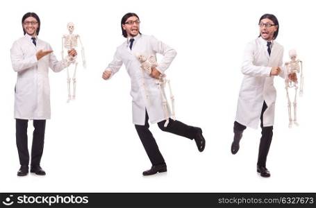 Funny teacher with skeleton isolated on white