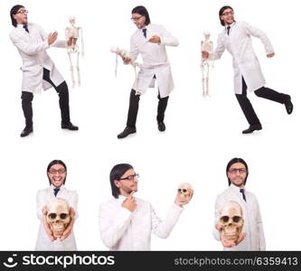 Funny teacher with skeleton isolated on white