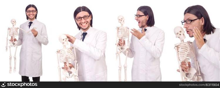 Funny teacher with skeleton isolated on white. The funny teacher with skeleton isolated on white