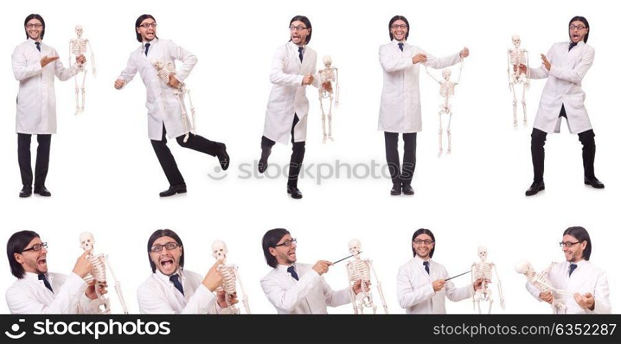 Funny teacher with skeleton isolated on white. The funny teacher with skeleton isolated on white