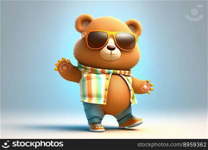 Funny teddy bear wearing sunglasses on a color background. Generative AI