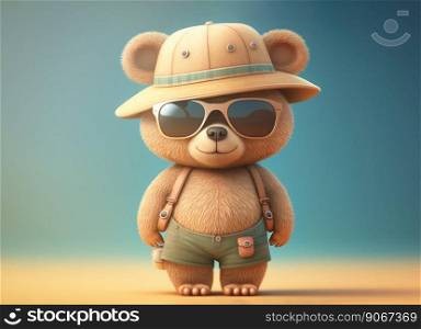 Funny teddy bear wearing sunglasses on a light color background. Generative AI 