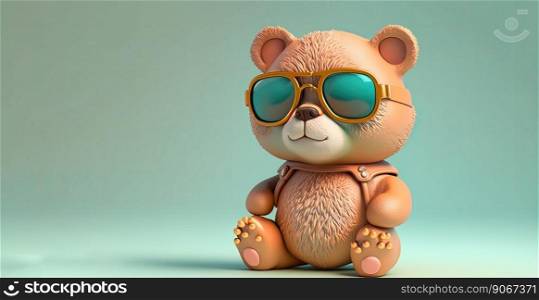 Funny teddy bear wearing sunglasses on a light color background. Generative AI 