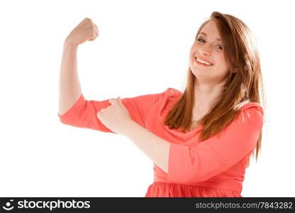 Funny teen girl happy young woman shows her muscles isolated on white background. Strength and power concept