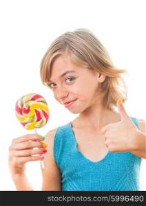 Funny teen with colored nails holding Colorful lollipop. Isolated on white background. Teenager with colorful lollipop