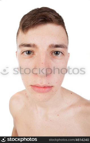 Funny thin and wiry guy with naked torso isolated on a white background