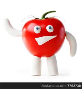 Funny tomato mascot waving you isolated on white background. Tomato mascot