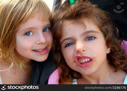 funny two little sister girls funny face gesture dirty mouth