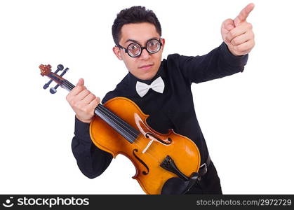 Funny violin player on white