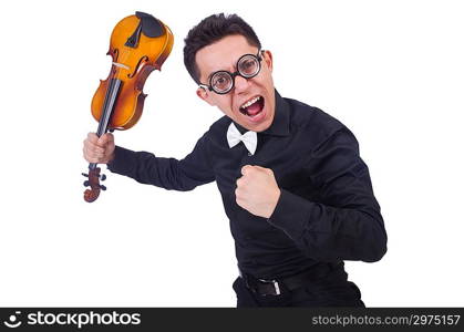 Funny violin player on white