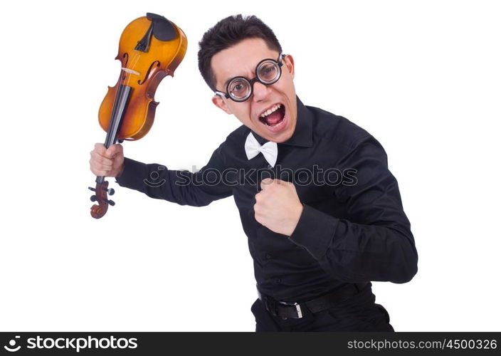 Funny violin player on white