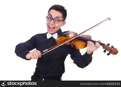 Funny violin player on white