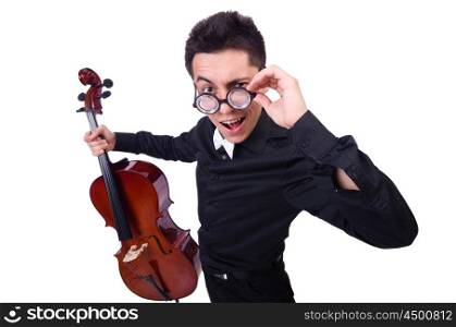 Funny violin player on white