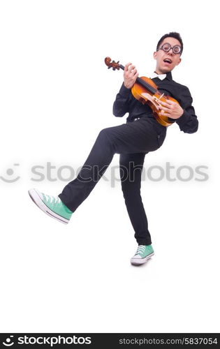 Funny violin player on white