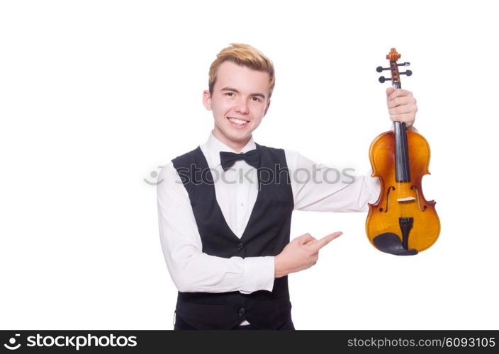 Funny violin player on white