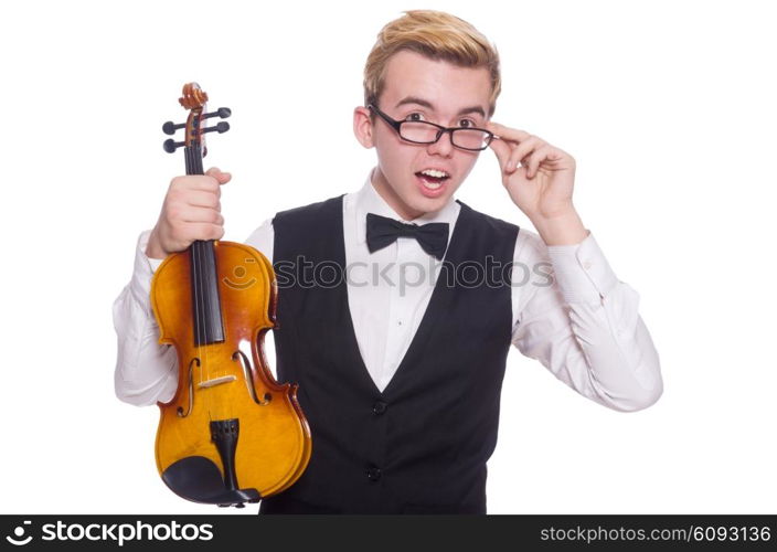 Funny violin player on white