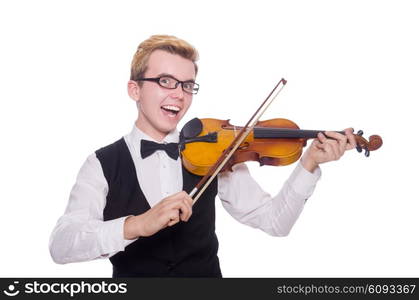 Funny violin player on white