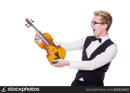 Funny violin player on white