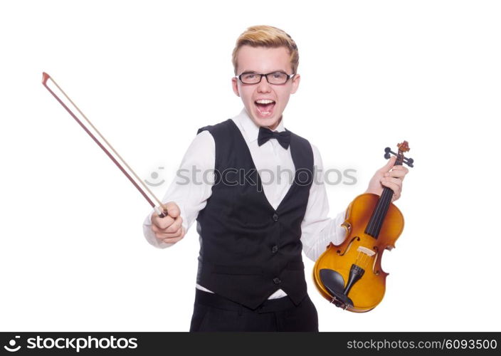 Funny violin player on white