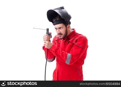 Funny welder isolated on white background