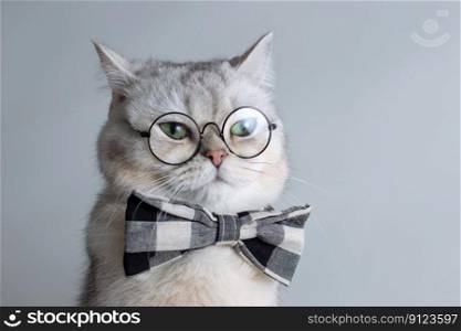 Funny white cat in a gray bow tie and glasses, on gray background . Close up. Copy space. Funny white cat in a gray bow tie and glasses, on gray background .