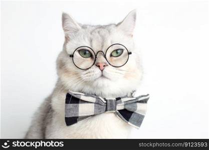 Funny white cat in a gray bow tie and glasses, on white background . Close up. Copy space. Funny white cat in a gray bow tie and glasses, on white background .